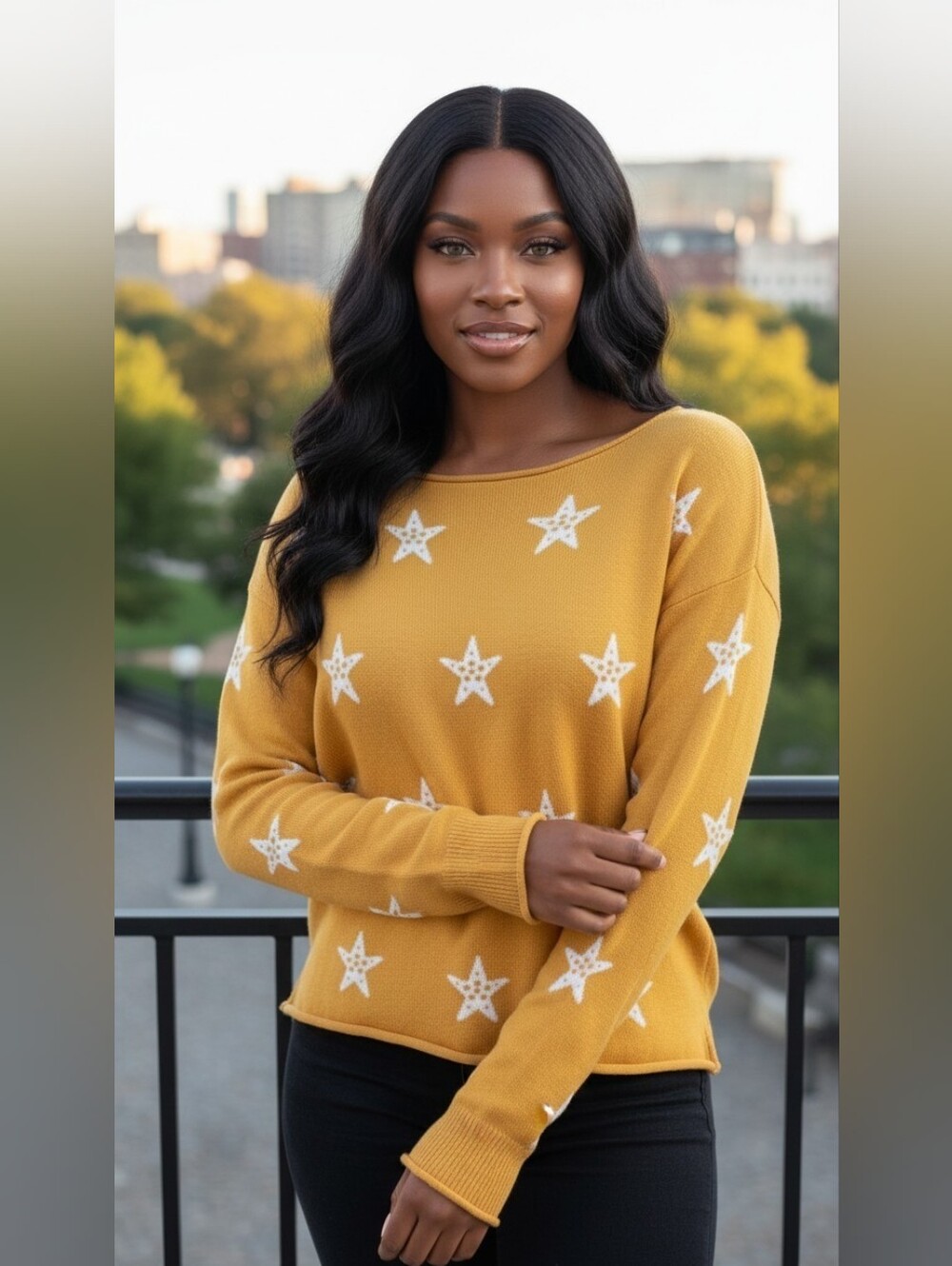 Philosophy Yellow Star Print Knit Sweater Women's Medium Mustard Pullover